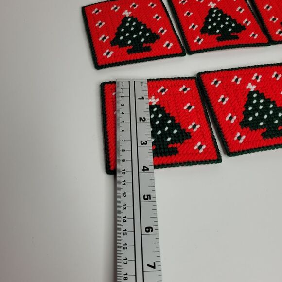 Christmas Tree Coasters Set of 6 Plastic Canvas Needlepoint Felted Trivets - Picture 3 of 5